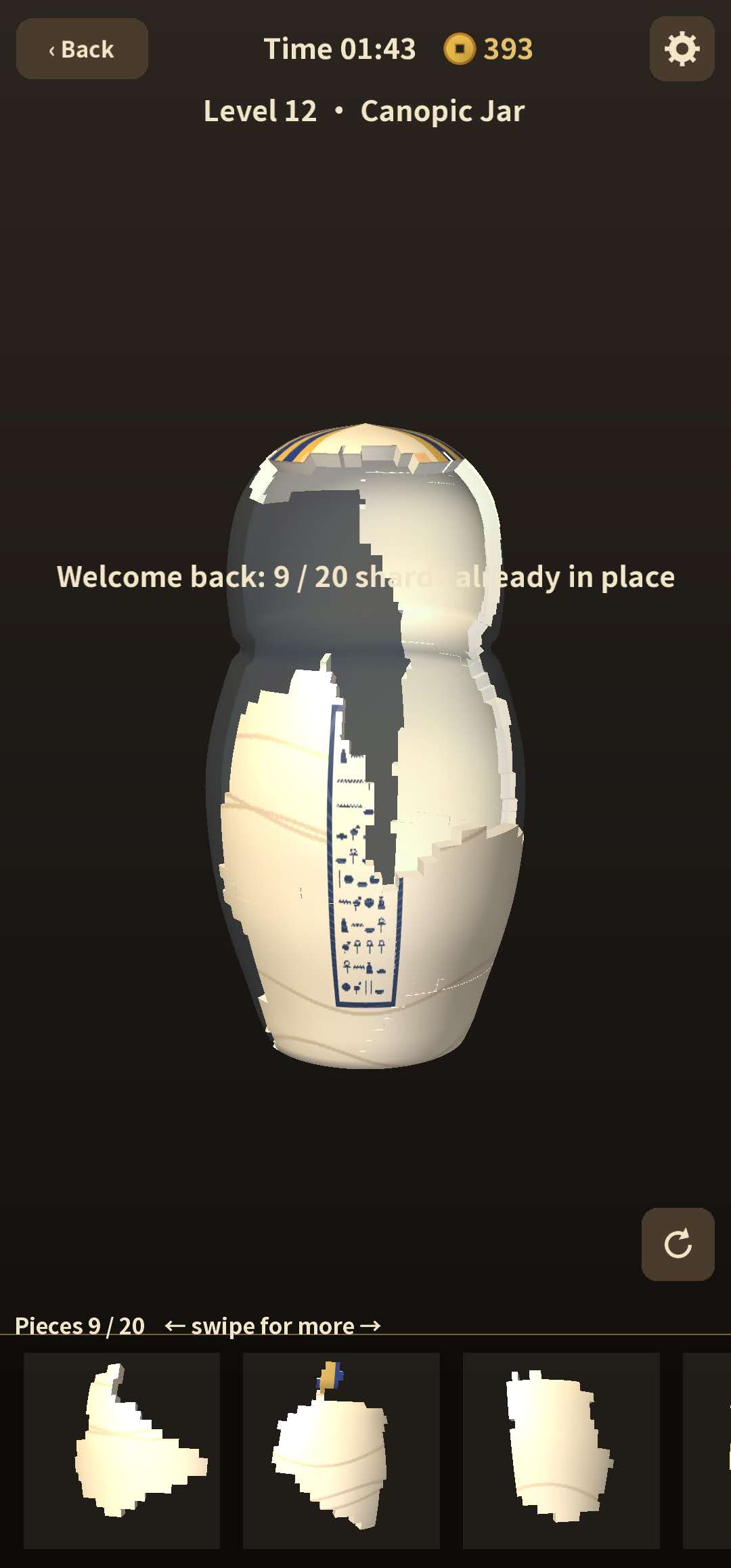 Restoring a canopic jar, 9 of 20 shards in place